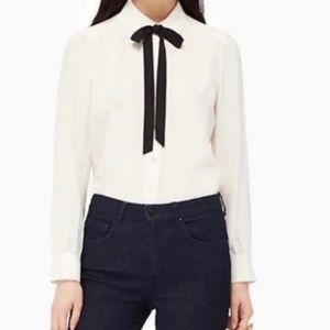 Kate Spade | Cream Black Neck Tie Button Down Silk Blouse Size Large